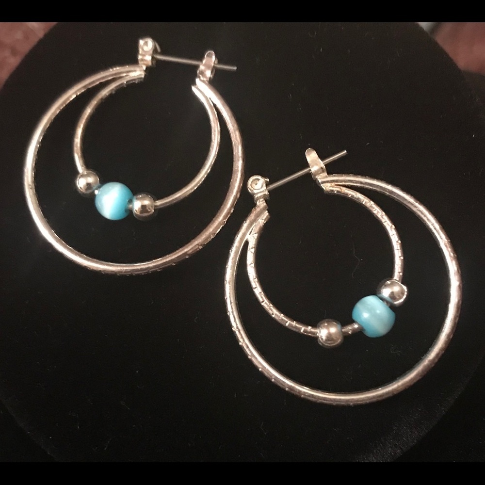 Silver Tone Blue Cats Eye Stone Earrings NWOT